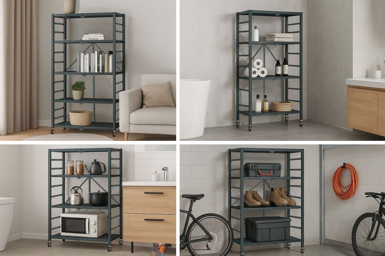 Scaffali Nero Ruote 4 Ripiani, Peso Supportato 40 kg - Soprana