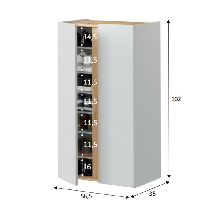 Scarpiera Ajlune, Mobile portascarpe, Armadio da ingresso multiuso, Mobiletto per calzature, 57x35 h102 cm, Bianco e Rovere Nodi