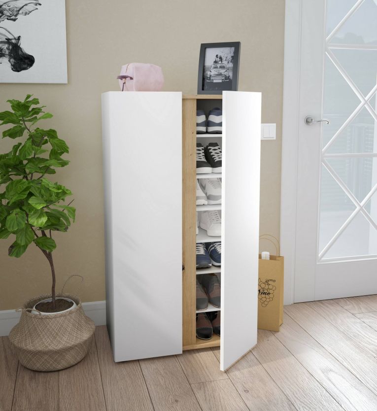 Scarpiera Ajlune, Mobile portascarpe, Armadio da ingresso multiuso, Mobiletto per calzature, 57x35 h102 cm, Bianco e Rovere Nodi