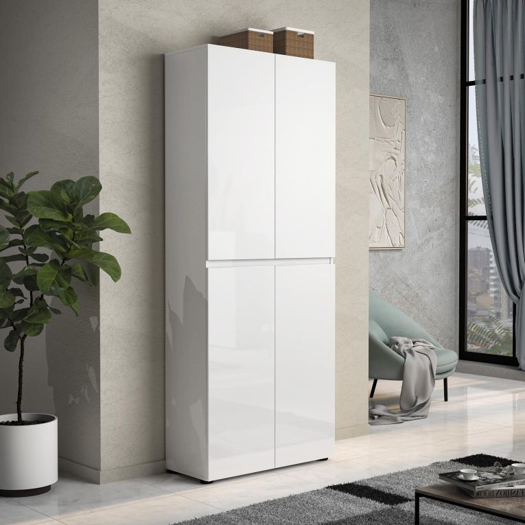 Scarpiera Alberton, Mobile portascarpe, Armadio da ingresso multiuso, Mobiletto per calzature, Made in Italy, 80x34h200 cm, Bianco lucido