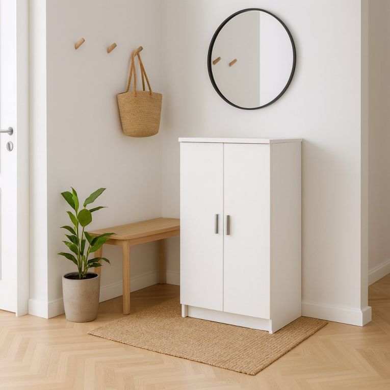 Scarpiera Alcudia, Mobile multifunzionale, Mobiletto scarpiera, Guardaroba porta scarpe, 55x36h108 cm, Bianco