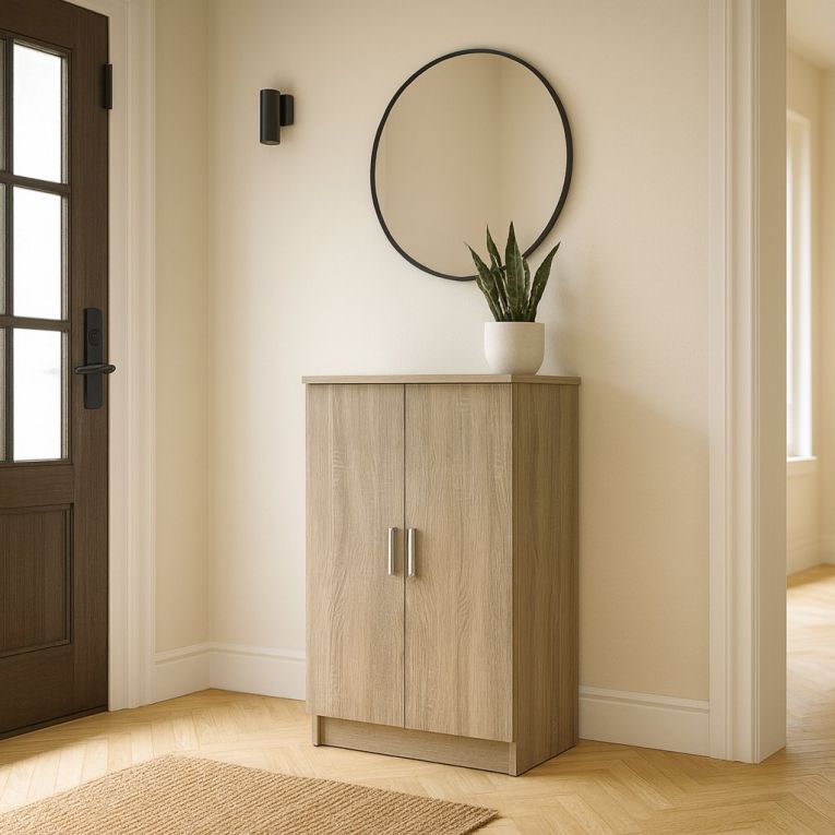 Scarpiera Alcudia, Mobile multifunzionale, Mobiletto scarpiera, Guardaroba porta scarpe, 55x36h108 cm, Rovere