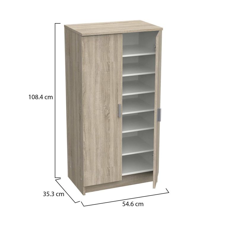Scarpiera Alcudia, Mobile multifunzionale, Mobiletto scarpiera, Guardaroba porta scarpe, 55x36h108 cm, Rovere
