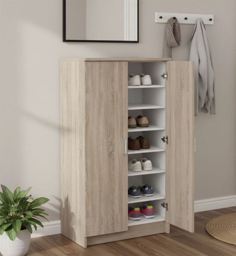 Scarpiera Alcudia, Mobile multifunzionale, Mobiletto scarpiera, Guardaroba porta scarpe, 55x36h108 cm, Rovere