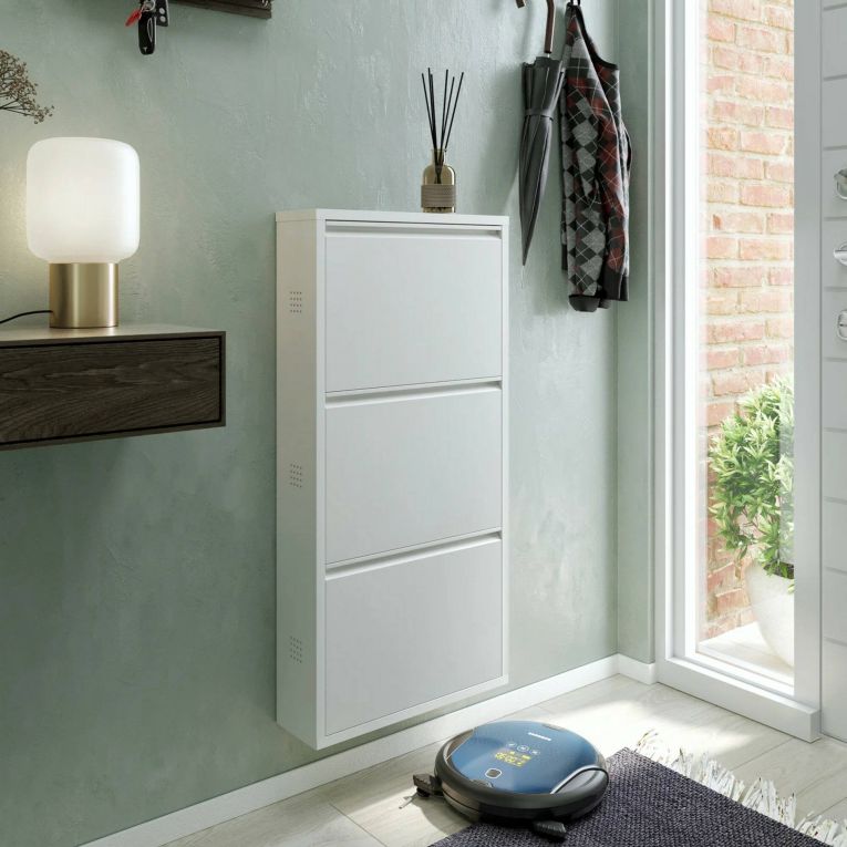 Scarpiera Alginet, Portascarpe salvaspazio, Scarpiera da ingresso, Mobile porta scarpe a 3 ante in metallo, 50x15h103 cm, Bianco