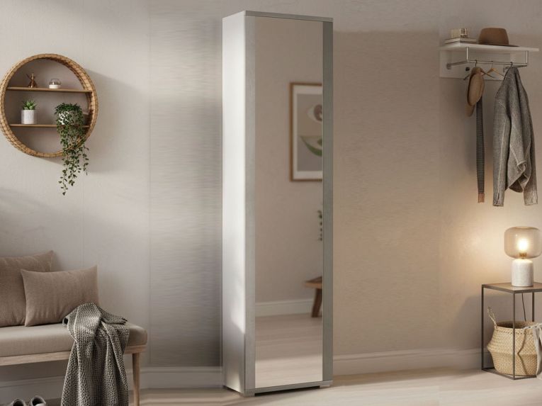 Scarpiera alta bianca e cemento 50x182h cm con specchio - Asiago