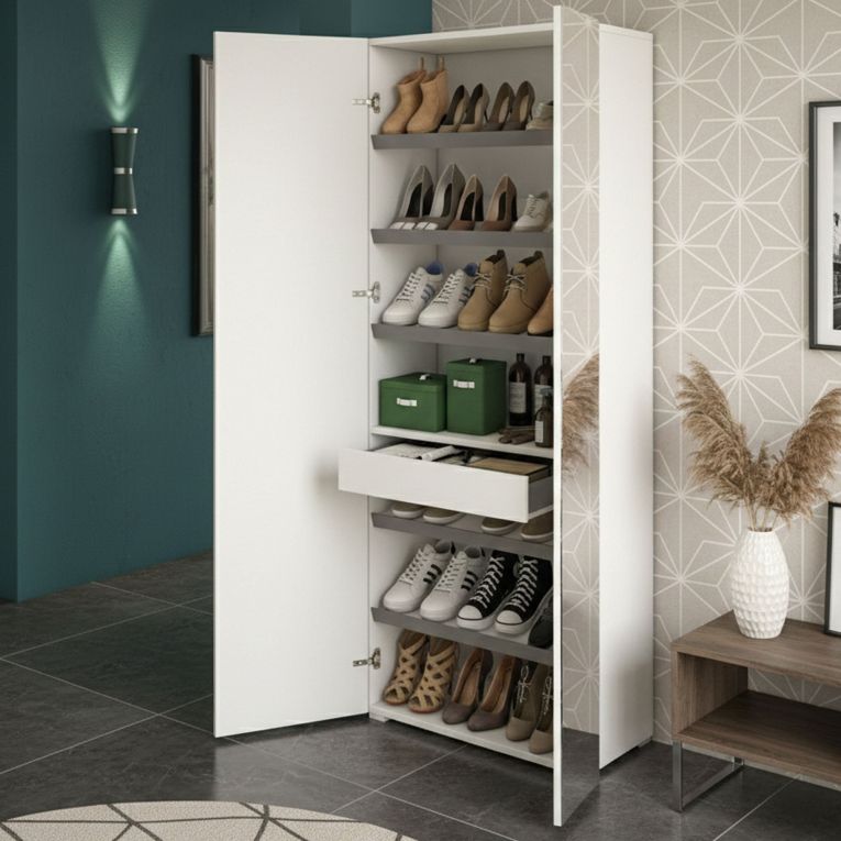 Scarpiera Alta con Specchio Reversibile 72x37x195h cm Bianca con 2 Ante 6 Ripiani e 1 Cassetto Made in Italy – Eracle