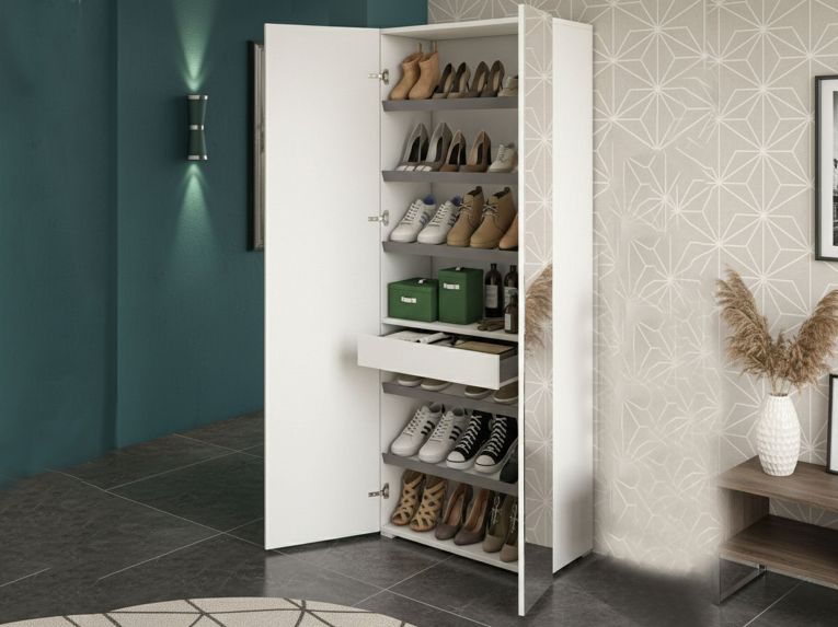 Scarpiera Alta con Specchio Reversibile 72x37x195h cm Bianca con 2 Ante 6 Ripiani e 1 Cassetto Made in Italy – Eracle