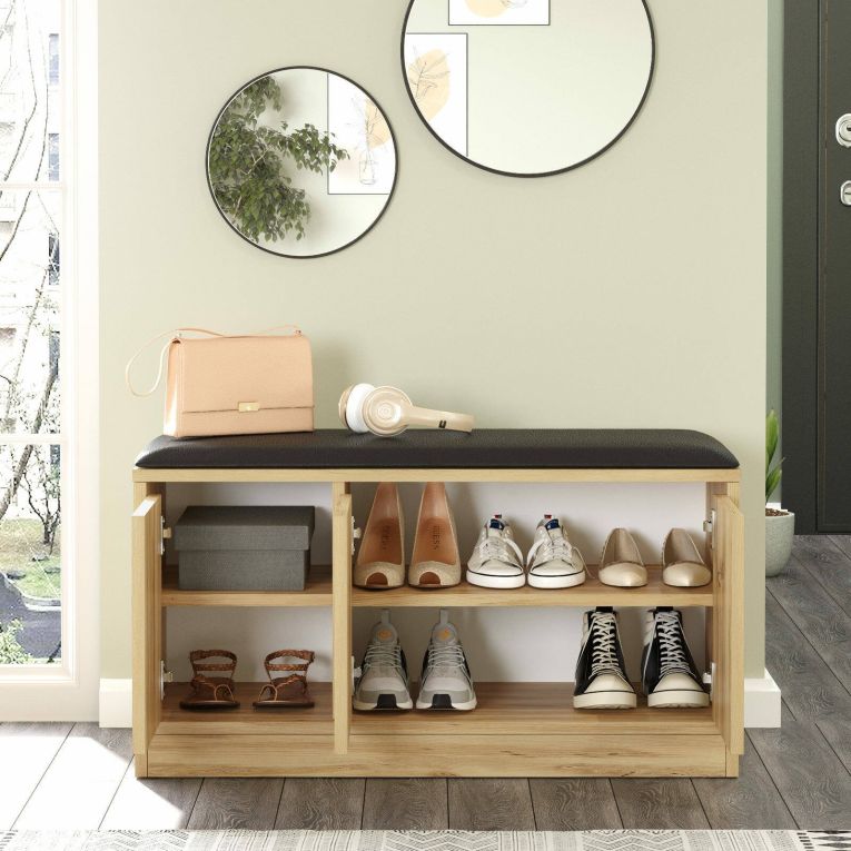 Scarpiera Altais, Mobile portascarpe, Armadio da ingresso multiuso, Mobiletto per calzature, 90x36 h46 cm, Quercia