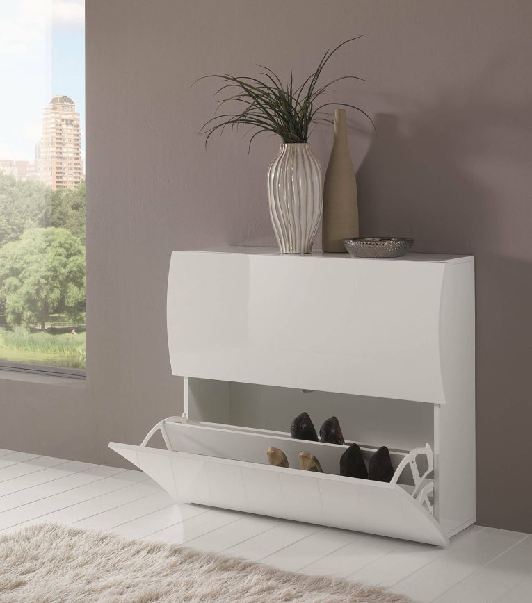 Scarpiera Andrea, Mobile multiuso a 2 ante a ribalta-, Portascarpe da ingresso, 100% Made in Italy, cm 101x27h82, Bianco lucido