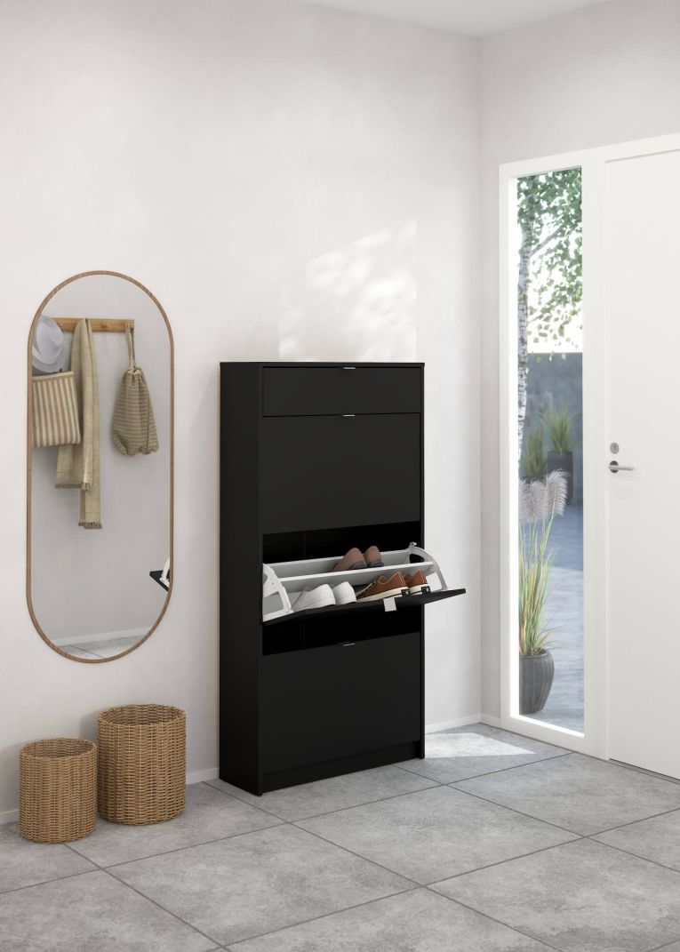 Scarpiera Apolline, Mobile portascarpe, Armadio da ingresso multiuso, Mobiletto per calzature, 24x70 h140 cm, Nero