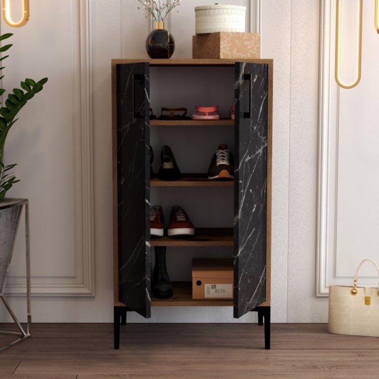 Scarpiera Apus, Mobile portascarpe, Armadio da ingresso multiuso, Mobiletto per calzature, 60x35 h111 cm, Noce e Nero