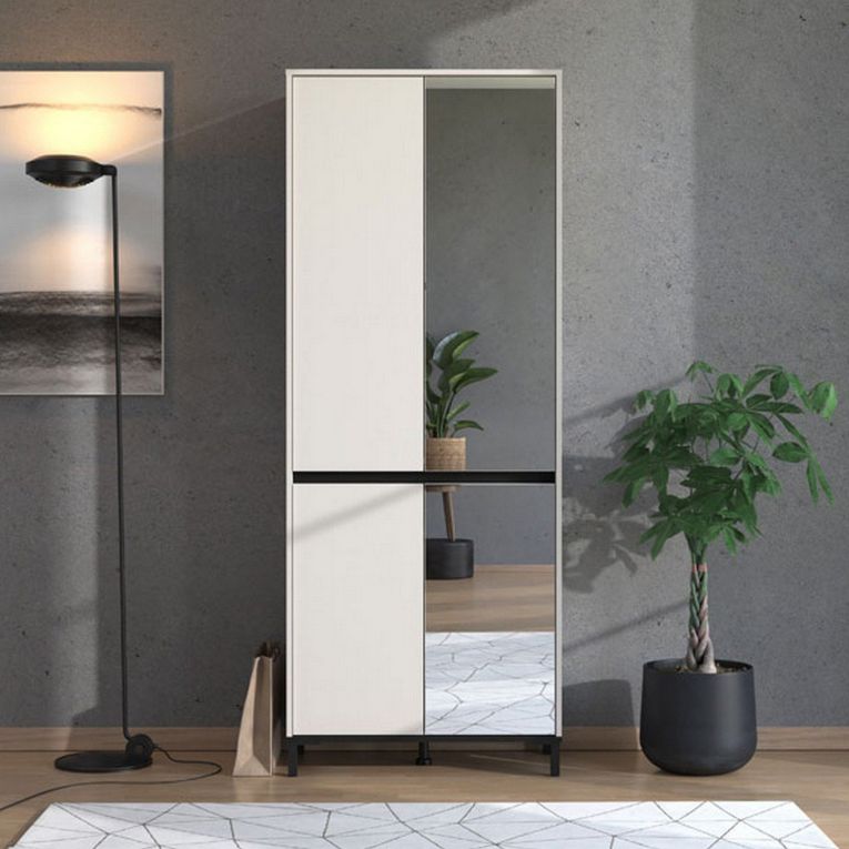 Scarpiera Beige Rovere Nodi Nero 9 Ripiani con Specchio 80x40x205.5h cm, 4 Ante - Scansano
