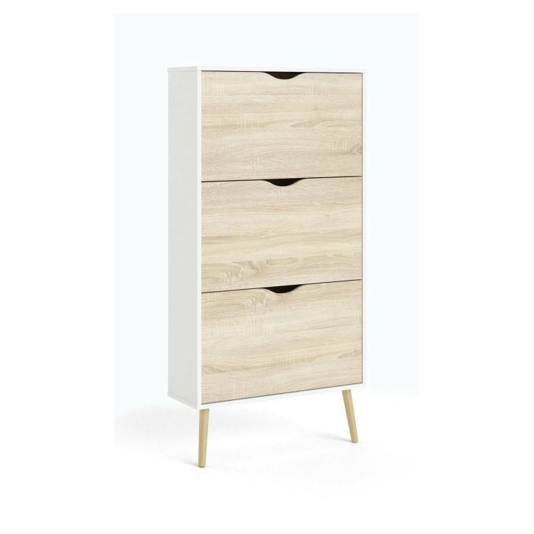 Scarpiera Belle, Mobile portascarpe, Armadio da ingresso multiuso, Mobiletto per calzature, 70x24 h139 cm, Bianco e Quercia