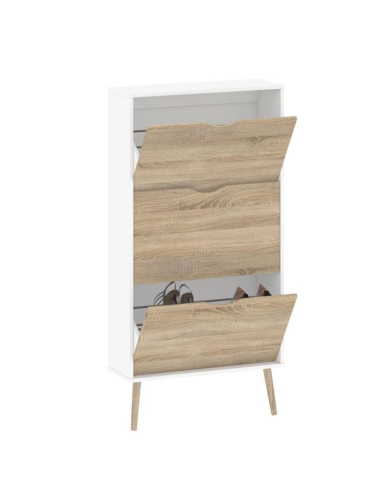 Scarpiera Belle, Mobile portascarpe, Armadio da ingresso multiuso, Mobiletto per calzature, 70x24 h139 cm, Bianco e Quercia