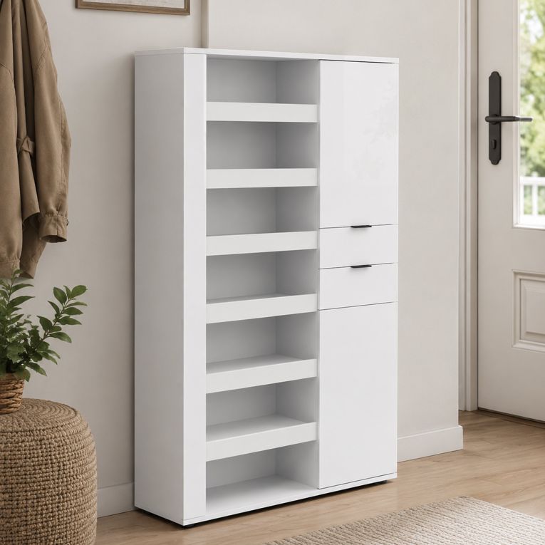 Scarpiera Bianco Lucido 2 Cassetti 8 Ripiani 120x35x178h cm, 28 Paia - Rotondo