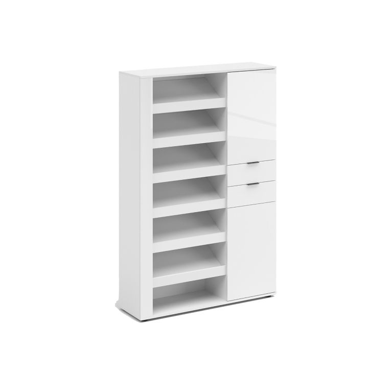 Scarpiera Bianco Lucido 2 Cassetti 8 Ripiani 120x35x178h cm, 28 Paia - Rotondo