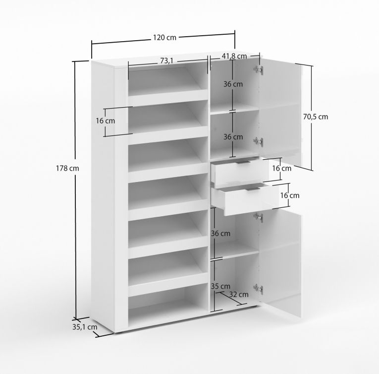 Scarpiera Bianco Lucido 2 Cassetti 8 Ripiani 120x35x178h cm, 28 Paia - Rotondo
