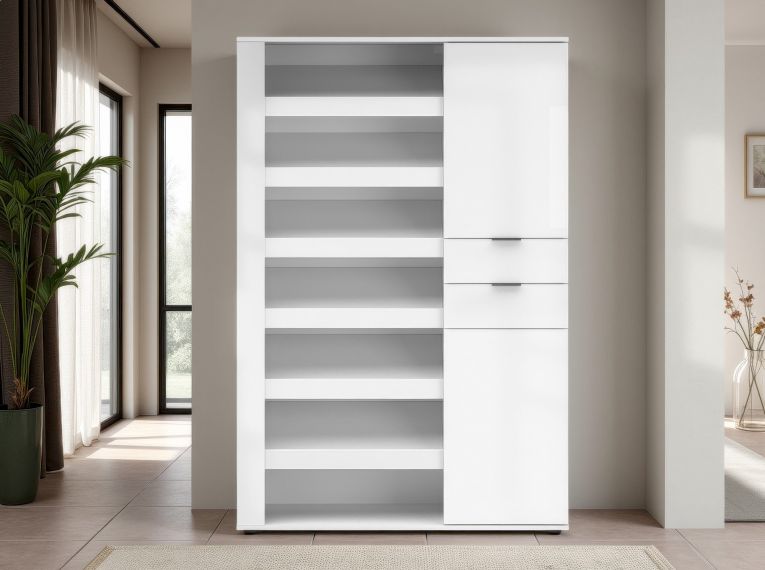 Scarpiera Bianco Lucido 2 Cassetti 8 Ripiani 120x35x178h cm, 28 Paia - Rotondo