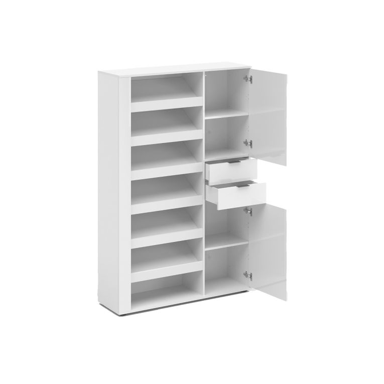 Scarpiera Bianco Lucido 2 Cassetti 8 Ripiani 120x35x178h cm, 28 Paia - Rotondo