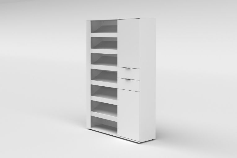 Scarpiera Bianco Lucido 2 Cassetti 8 Ripiani 120x35x178h cm, 28 Paia - Rotondo