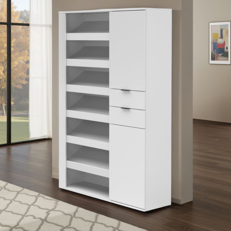 Scarpiera Bianco Lucido 2 Cassetti 8 Ripiani 120x35x178h cm, 28 Paia - Rotondo