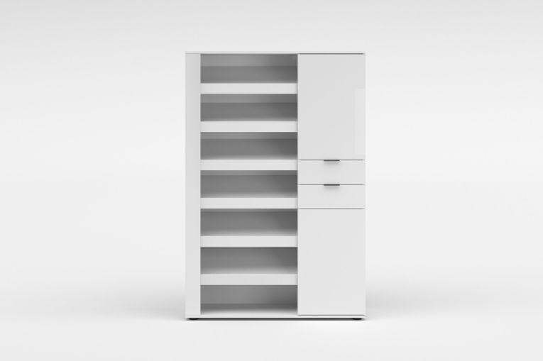 Scarpiera Bianco Lucido 2 Cassetti 8 Ripiani 120x35x178h cm, 28 Paia - Rotondo