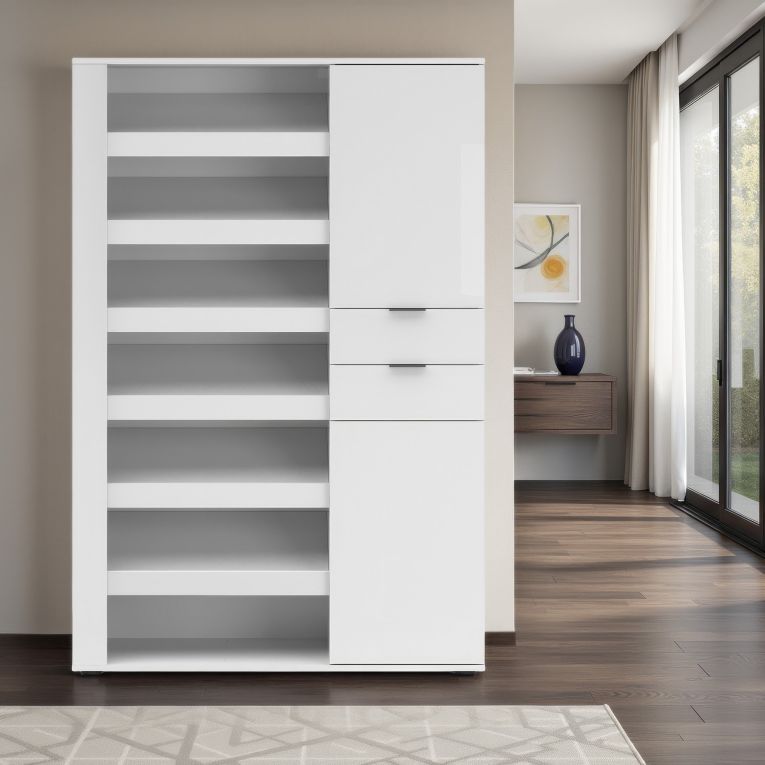 Scarpiera Bianco Lucido 2 Cassetti 8 Ripiani 120x35x178h cm, 28 Paia - Rotondo