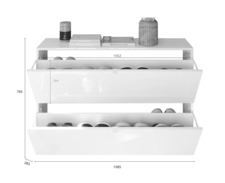 Scarpiera Bianco Lucido 20 Paia 2 Ante 110x25x75h cm, Anta a Ribalta - Lovero