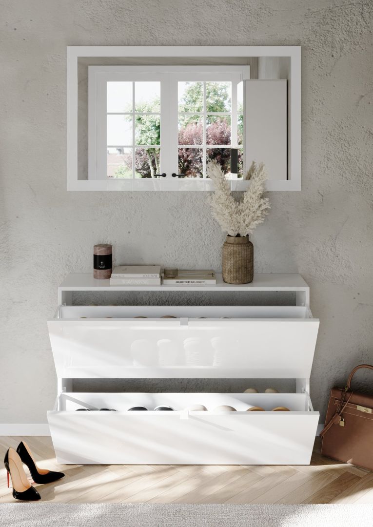 Scarpiera Bianco Lucido 20 Paia 2 Ante 110x25x75h cm, Anta a Ribalta - Lovero