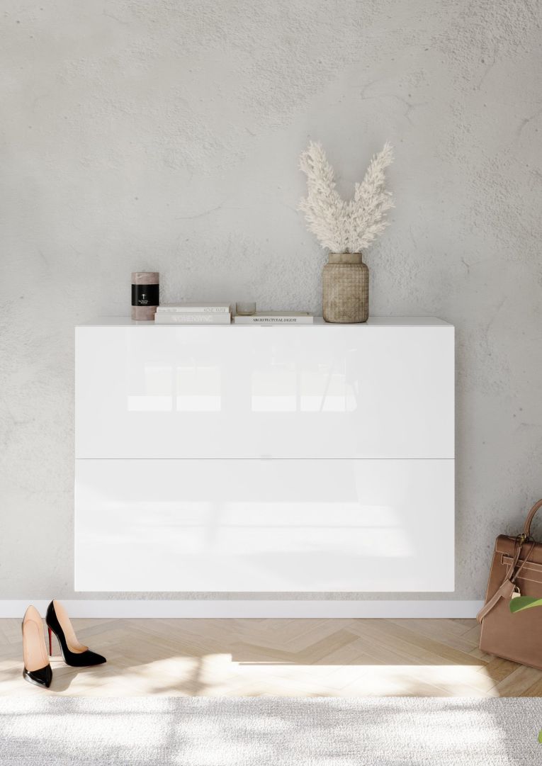 Scarpiera Bianco Lucido 20 Paia 2 Ante 110x25x75h cm, Anta a Ribalta - Lovero