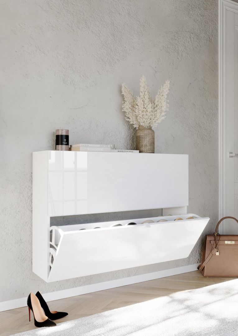 Scarpiera Bianco Lucido 20 Paia 2 Ante 110x25x75h cm, Anta a Ribalta - Lovero