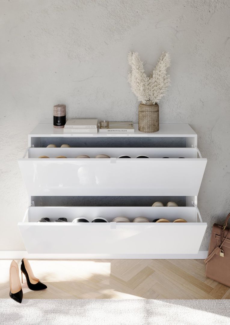 Scarpiera Bianco Lucido 20 Paia 2 Ante 110x25x75h cm, Anta a Ribalta - Lovero