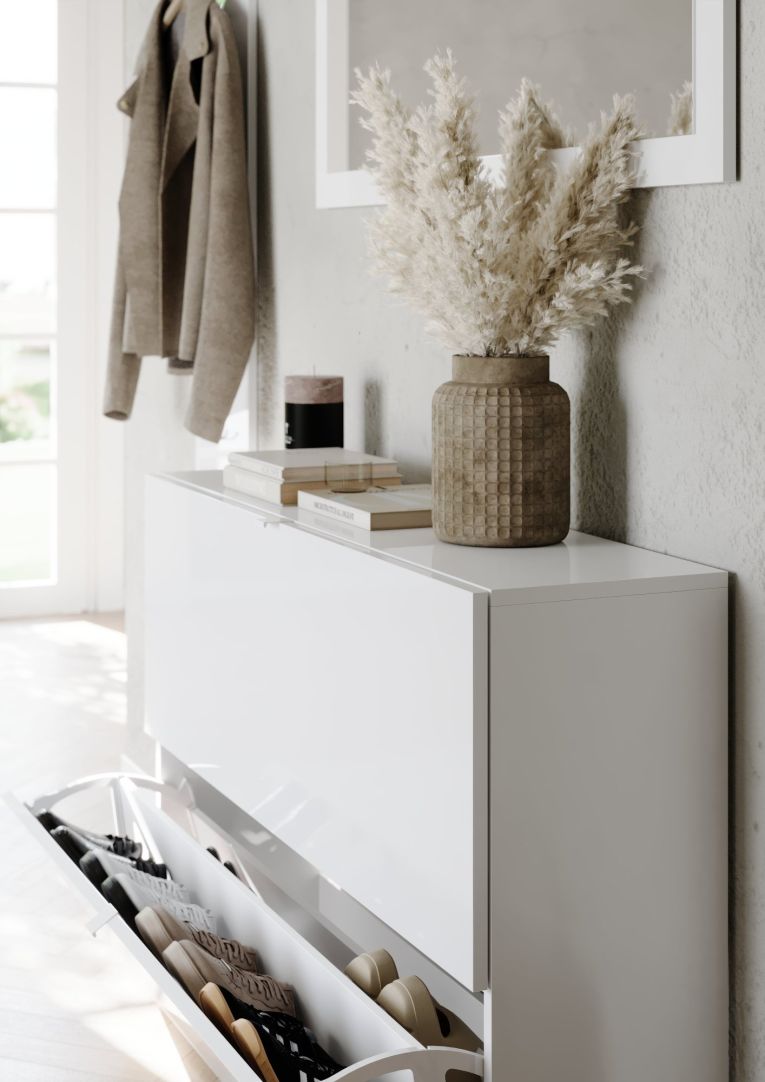 Scarpiera Bianco Lucido 20 Paia 2 Ante 110x25x75h cm, Anta a Ribalta - Lovero
