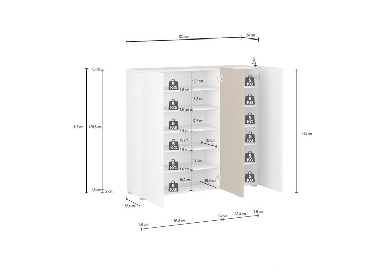 Scarpiera Bianco Lucido Marrone Rovere 10 Ripiani 24 Paia 120x34x115h cm, 3 Ante - Palasio