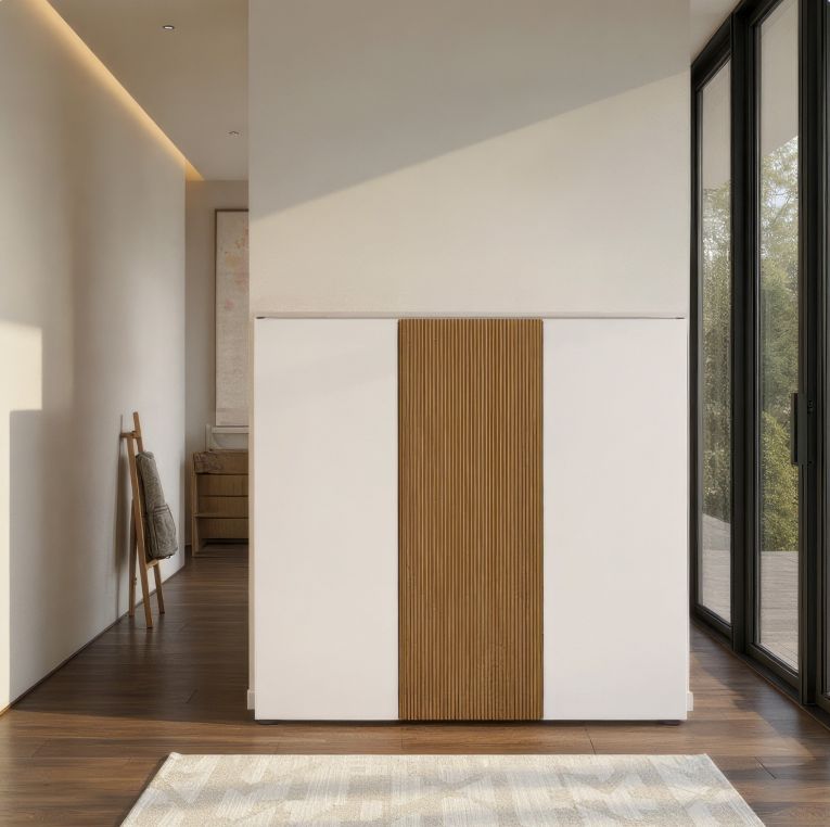 Scarpiera Bianco Lucido Marrone Rovere 10 Ripiani 24 Paia 120x34x115h cm, 3 Ante - Palasio