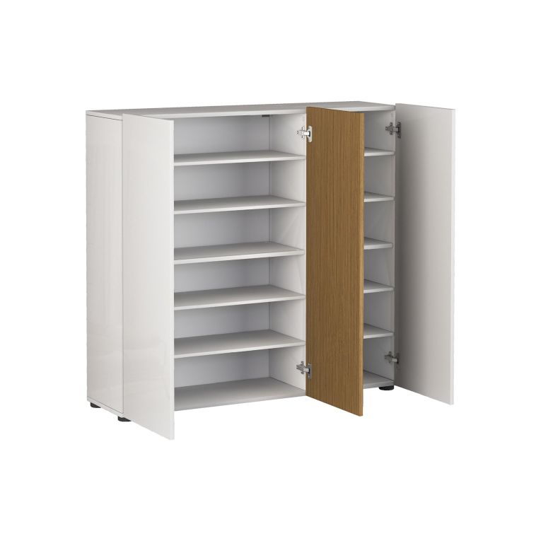 Scarpiera Bianco Lucido Marrone Rovere 10 Ripiani 24 Paia 120x34x115h cm, 3 Ante - Palasio