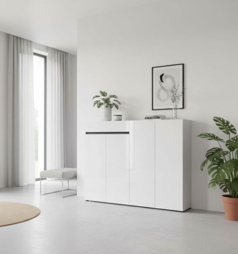 Scarpiera Bissau, Mobile portascarpe, Armadio da ingresso multiuso, Mobiletto per calzature, Made in Italy, 160x34h115 cm, Bianco lucido e Antracite