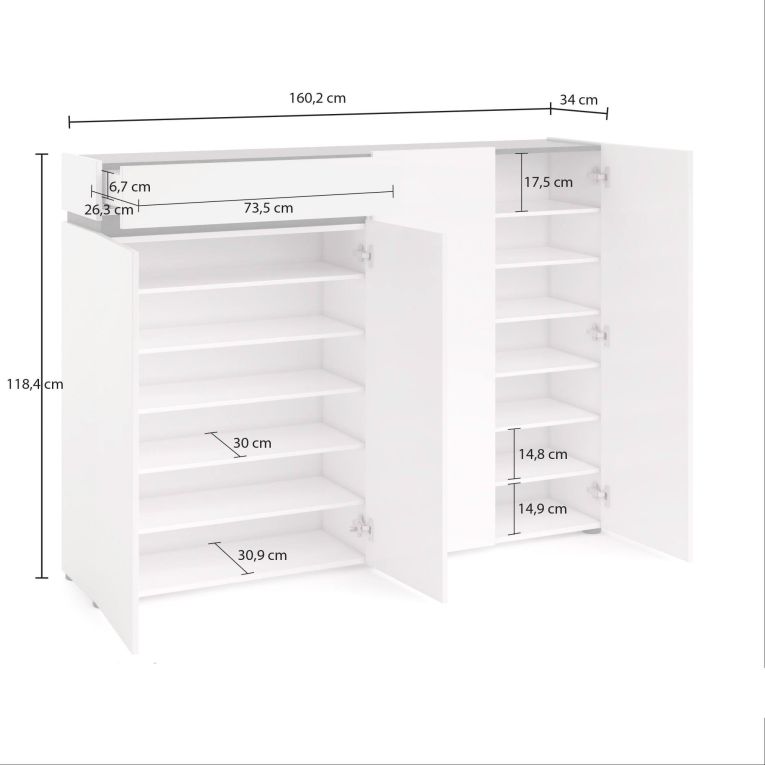 Scarpiera Bissau, Mobile portascarpe, Armadio da ingresso multiuso, Mobiletto per calzature, Made in Italy, 160x34h115 cm, Bianco lucido e Antracite