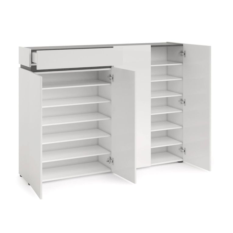 Scarpiera Bissau, Mobile portascarpe, Armadio da ingresso multiuso, Mobiletto per calzature, Made in Italy, 160x34h115 cm, Bianco lucido e Antracite
