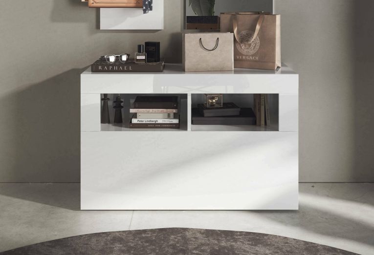 Scarpiera Bolsena, Mobile portascarpe, Armadio da ingresso multiuso, Mobiletto per calzature, Made in Italy, 91x35 h57 cm, Bianco lucido