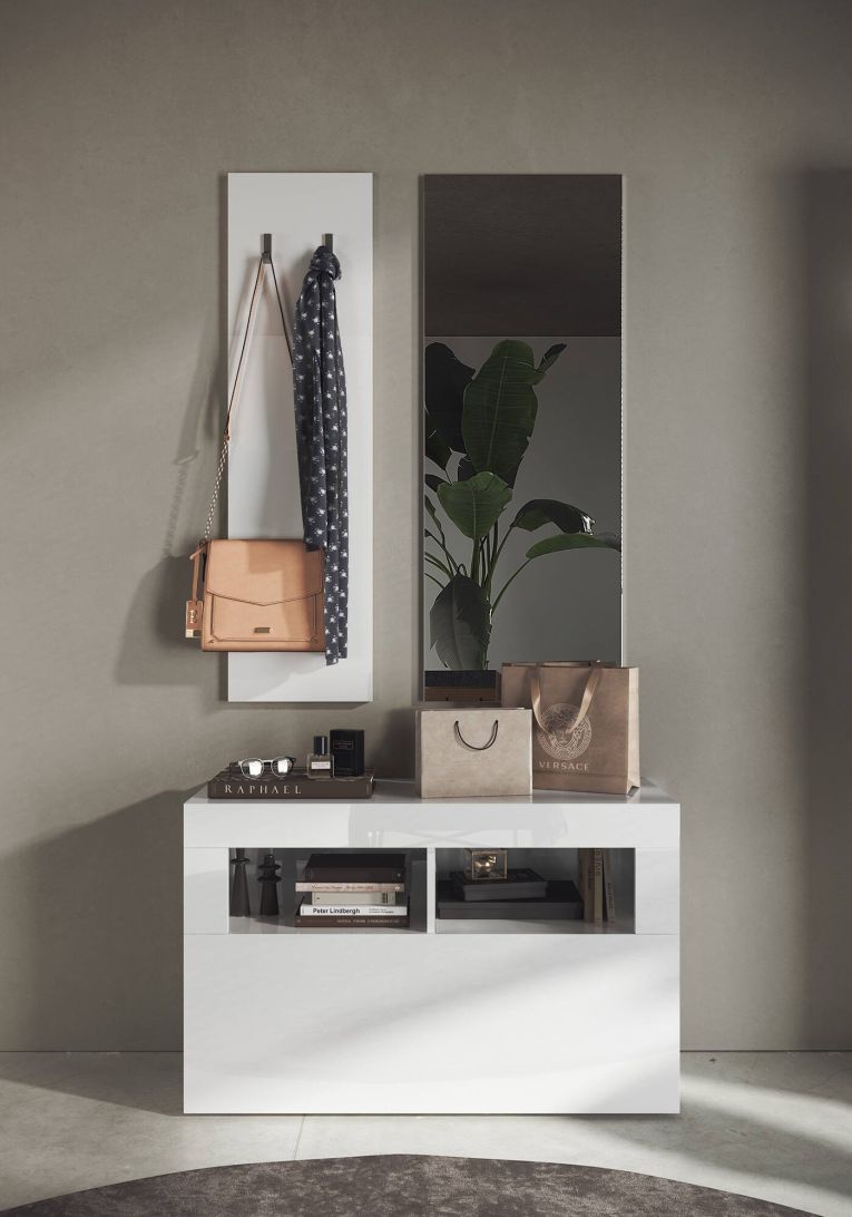 Scarpiera Bolsena, Mobile portascarpe, Armadio da ingresso multiuso, Mobiletto per calzature, Made in Italy, 91x35 h57 cm, Bianco lucido