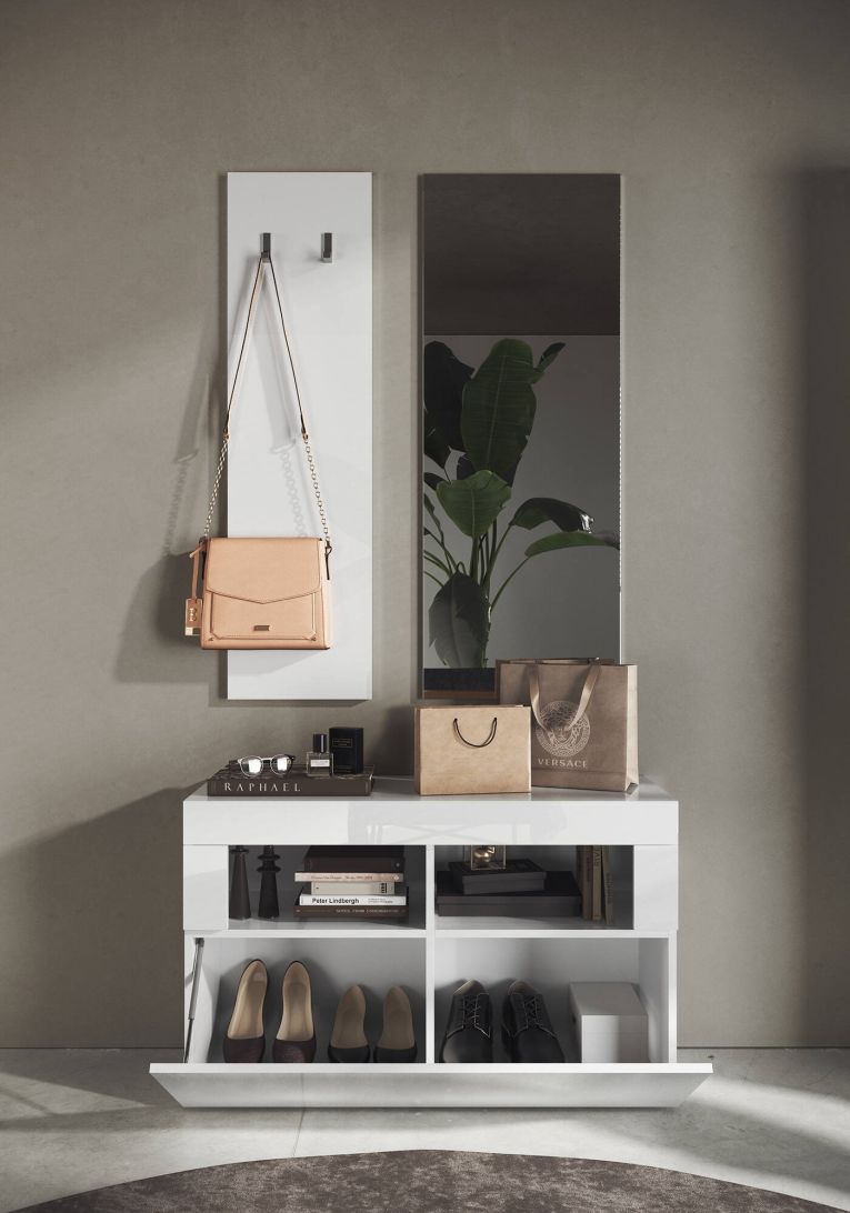 Scarpiera Bolsena, Mobile portascarpe, Armadio da ingresso multiuso, Mobiletto per calzature, Made in Italy, 91x35 h57 cm, Bianco lucido