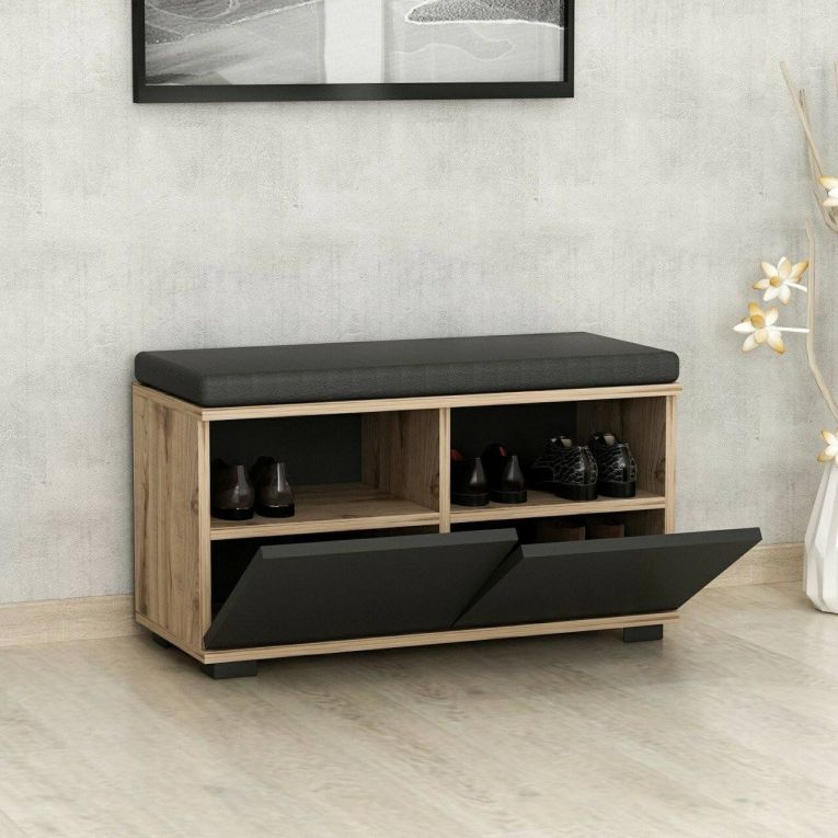 Scarpiera Brachium, Mobile portascarpe, Armadio da ingresso multiuso, Mobiletto per calzature, 80x35 h42 cm, Noce e Nero