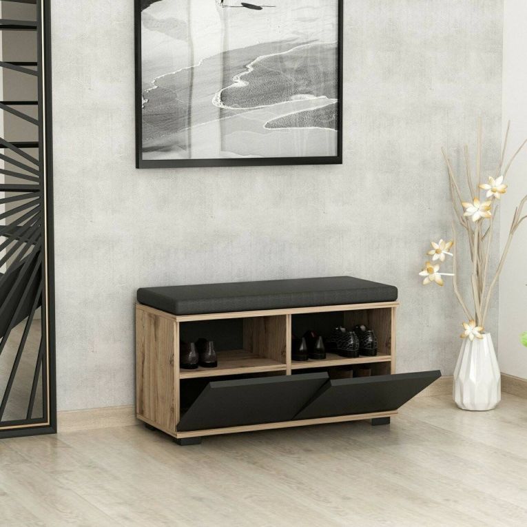 Scarpiera Brachium, Mobile portascarpe, Armadio da ingresso multiuso, Mobiletto per calzature, 80x35 h42 cm, Noce e Nero