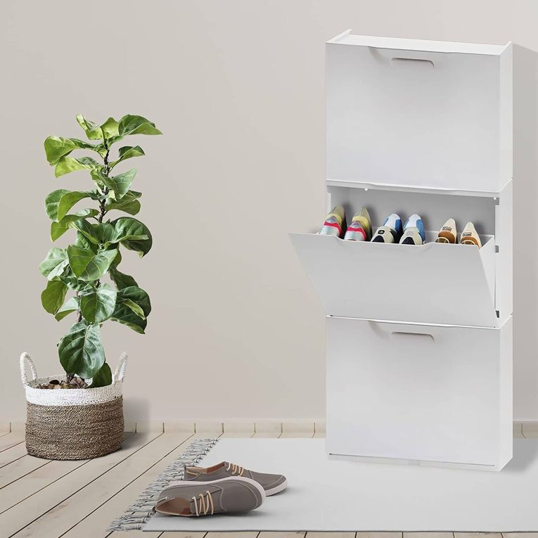 Scarpiera Bredene, Porta scarpe salvaspazio, Scarpiera da ingresso, Armadio scarpiera a 1 anta, 100% Made in Italy, 51x17h40 cm, Bianco