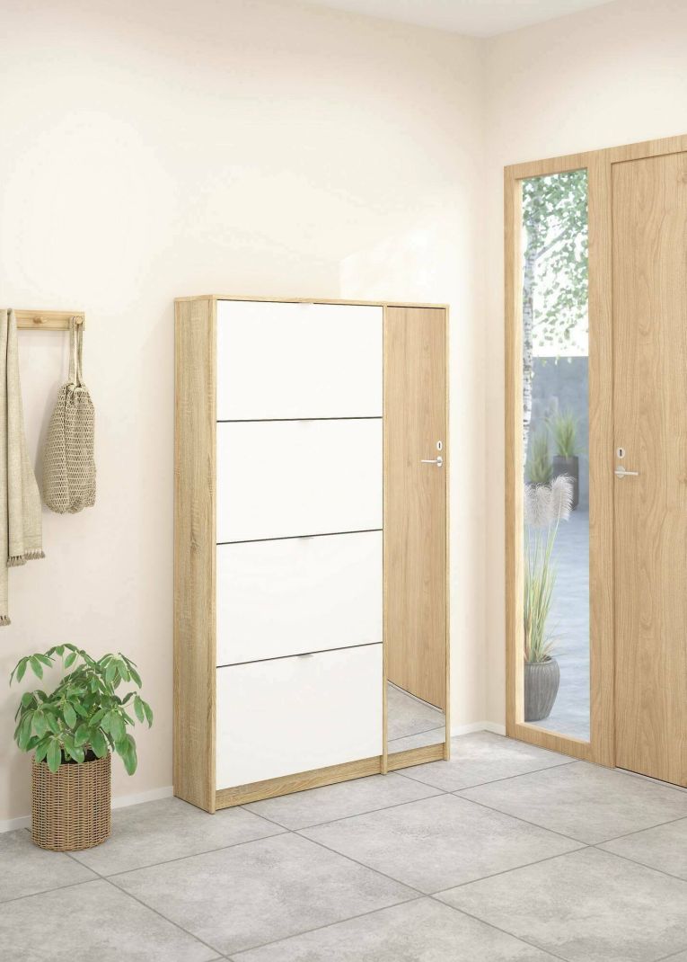 Scarpiera Brie, Mobile portascarpe, Armadio da ingresso multiuso, Mobiletto per calzature, 99x24 h162 cm, Quercia e Bianco