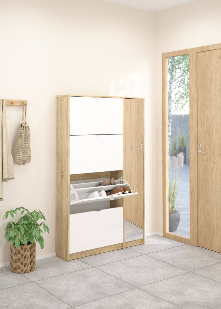 Scarpiera Brie, Mobile portascarpe, Armadio da ingresso multiuso, Mobiletto per calzature, 99x24 h162 cm, Quercia e Bianco