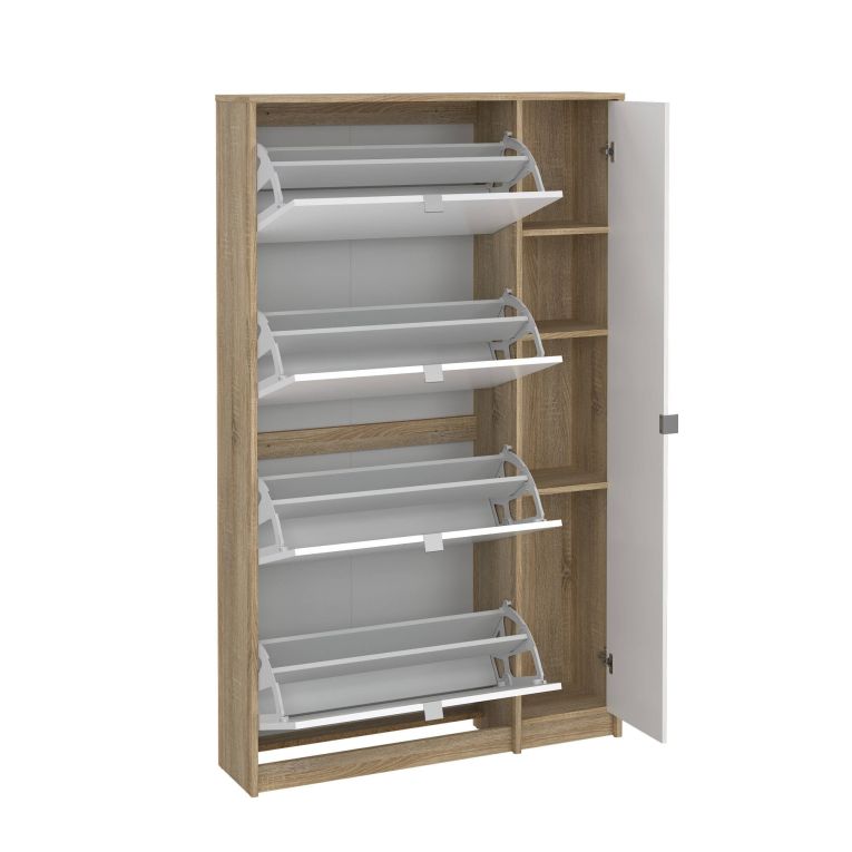 Scarpiera Brie, Mobile portascarpe, Armadio da ingresso multiuso, Mobiletto per calzature, 99x24 h162 cm, Quercia e Bianco