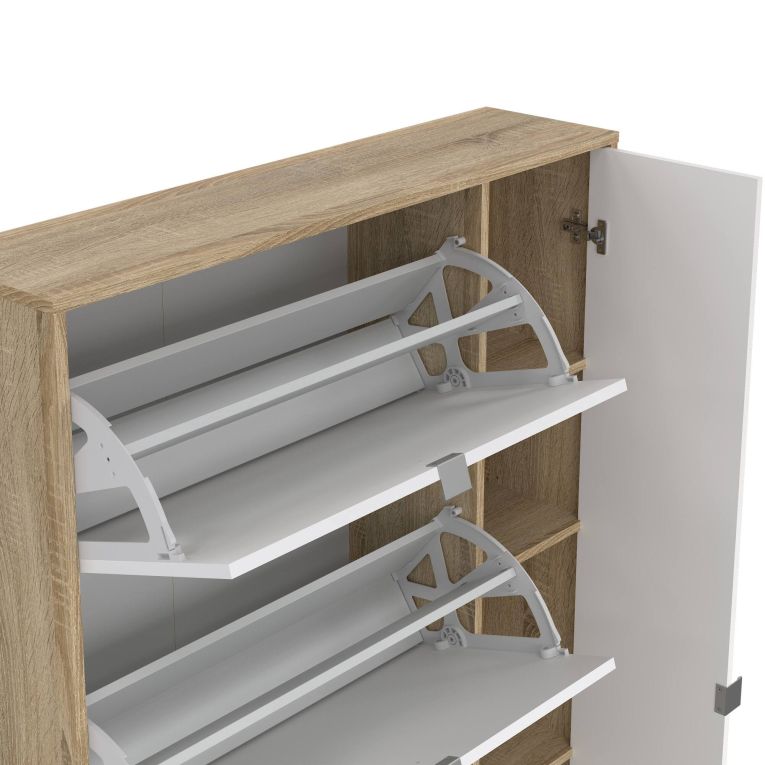 Scarpiera Brie, Mobile portascarpe, Armadio da ingresso multiuso, Mobiletto per calzature, 99x24 h162 cm, Quercia e Bianco